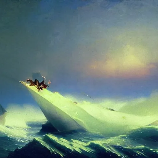 Prompt: Walrus jumping out of the ocean backwards wielding a flamethrower, volumetric lighting, RTX, neon lights, painting by Ivan Aivazovsky