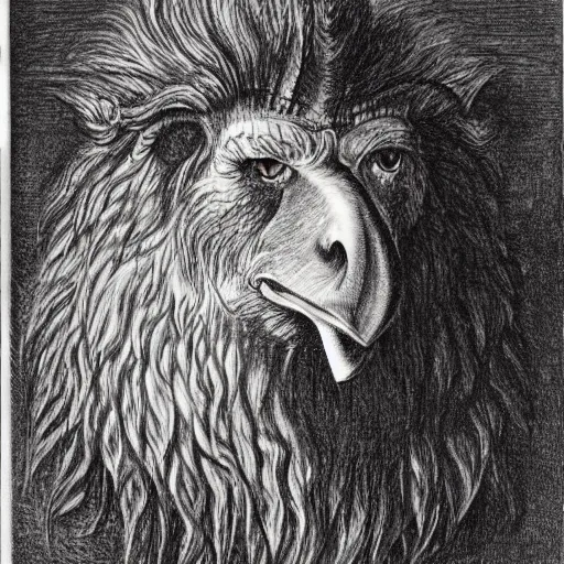 Image similar to a creature with the body and eyes of a man, with the beak of an eagle, the mane of a lion, and the horns of an ox. drawn by francis bacon