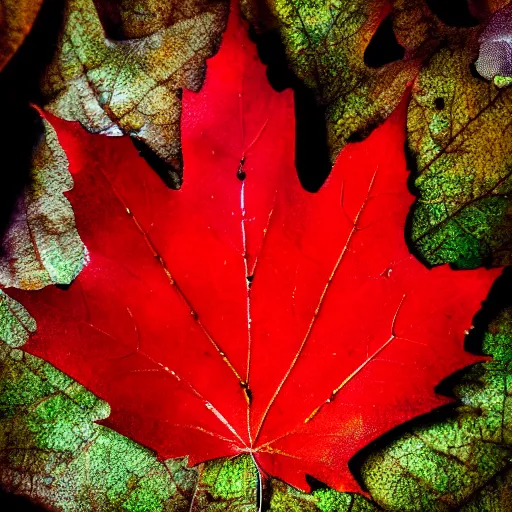 Prompt: a macro 8mm photo of a maple leaf, macro photograph, photo, photorealistic