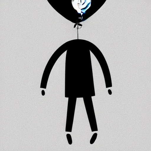 Image similar to book illustration of a balloon character holding a floating human by a string, book illustration, monochromatic, white background, black and white image