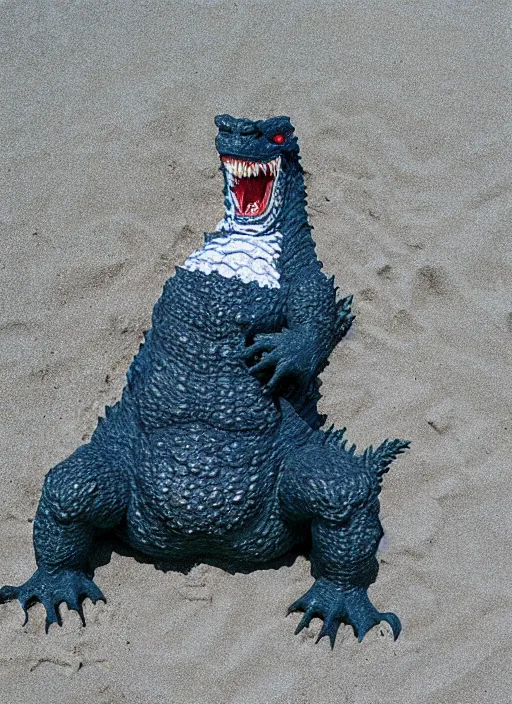 Image similar to godzilla as a mozzarella on the sand of a beach