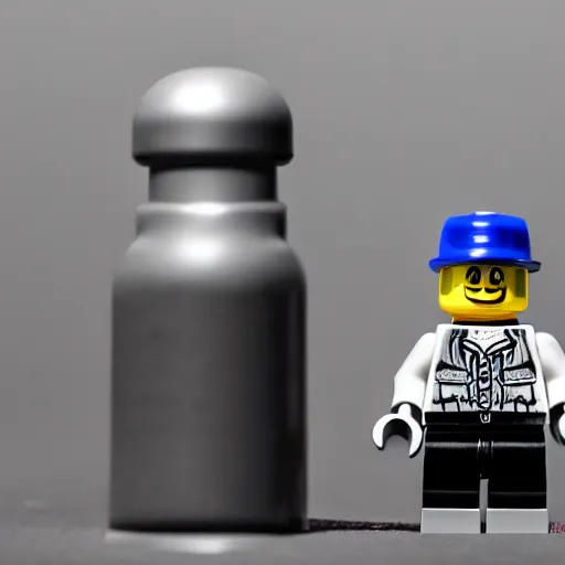 Image similar to !dream macro photo of angry man lego figure in black sportswear, eight-piece cap on head, holding a vodka bottle, ambient lighting