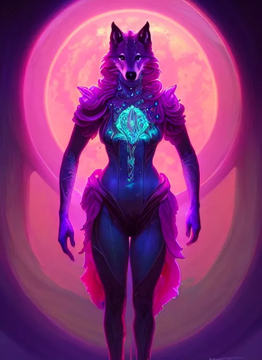 Image similar to a wolf faceless glowing liquefied stardust adventurer, dnd fantasy character, full body portrait, glowing neon skin, magical aura, ultra realistic, intricate, elegant, highly detailed, digital painting, artstation, smooth, sharp, focus, illustration, art by artgerm and greg rutkowski and alphonse mucha and dan mumford, sacred geometry