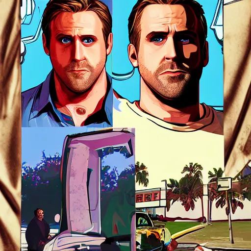 Image similar to gta v covert art by stephen bliss of ryan gosling