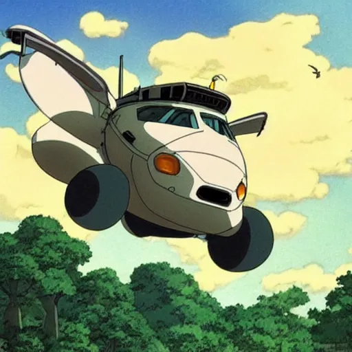 Prompt: flying car in futuristic spiritual mystical post apocalyptic forest, studio ghibli, beautiful, crisp