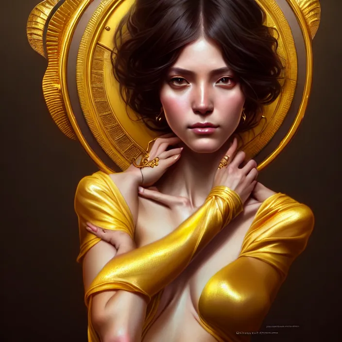 Image similar to beautiful digital painting of a goddes stylish female with high detail, real life skin, gold colors, 8 k, stunning detail, works by artgerm, greg rutkowski and alphonse mucha, unreal engine 5, 4 k uhd