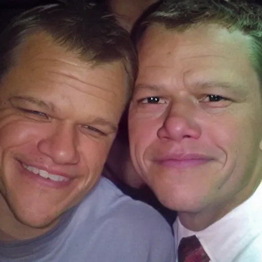 Prompt: HUH?? My dad look like Matt Damon, hand held picture, the camera flash is so bright in his face, viral photo