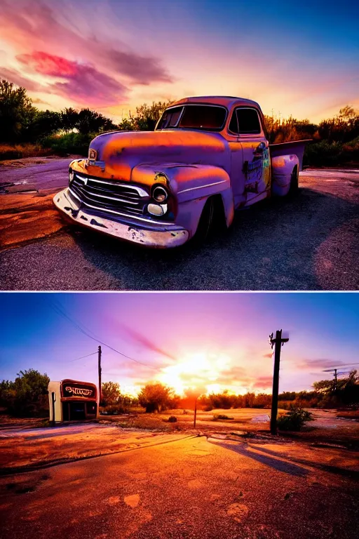 Image similar to a sunset light landscape with historical route 6 6, lots of sparkling details and sun ray ’ s, blinding backlight, smoke, volumetric lighting, colorful, octane, 3 5 mm, abandoned gas station, old rusty pickup - truck, beautiful epic colored reflections, very colorful heavenly, softlight