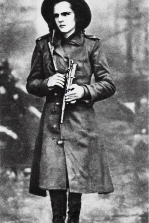 Image similar to photograph of soviet chekist comrade emma watson, standing in a long leather coat with mauser pistol, vintage revolution photograph, famous photo