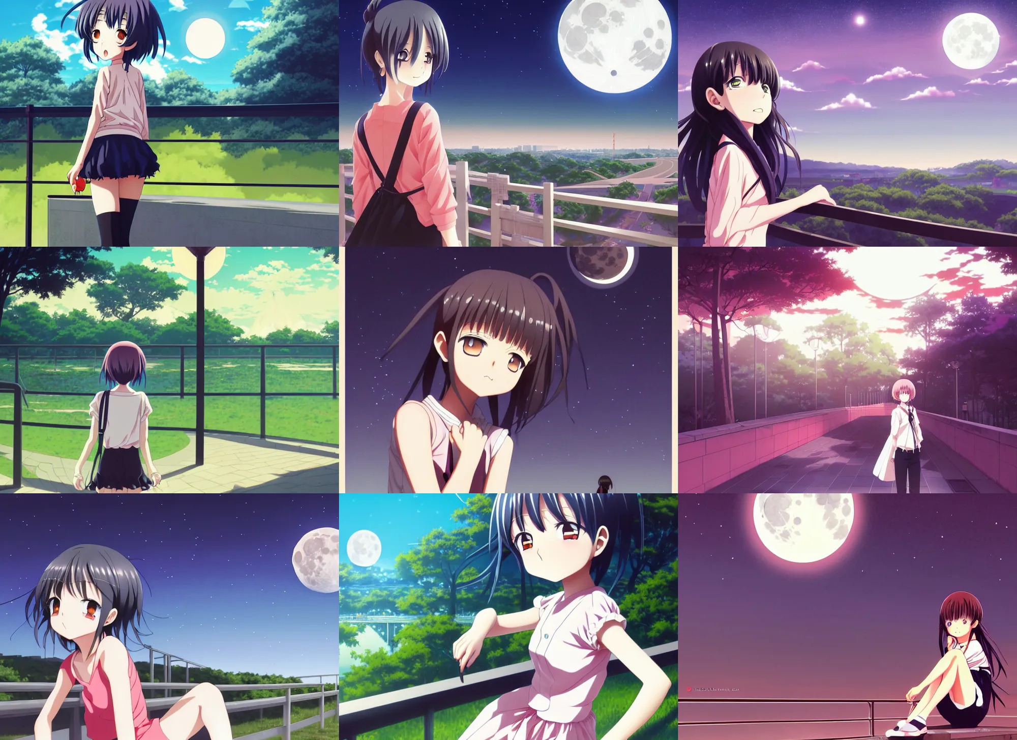 Prompt: anime visual, dark portrait of a young girl sightseeing overlook at from the park exterior, moon, guardrail, cute face by, yuya nagai, katsura masakazu, ilya kuvshinov, dynamic pose, dynamic perspective, anime cels, flat shading, rounded eyes, realistic proportions, dramatic, detailed facial features