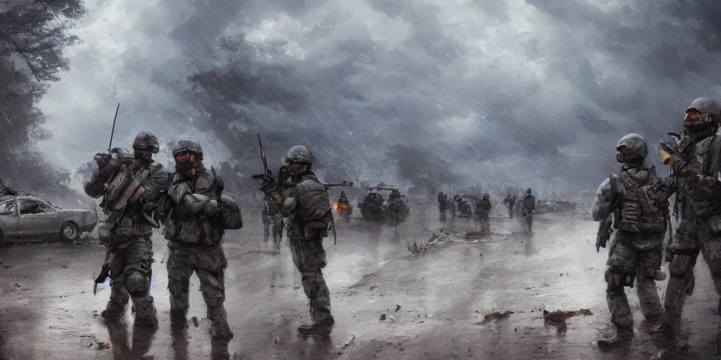 Prompt: private military company operatives standing guarding highway checkpoint being attacked by climate migrants, severe weather storms, cinematic lighting, realistic, detailed, intricate, digital art, ambient, by darek zabrocki, industrial art style, 3 5 mm film grain, artstation