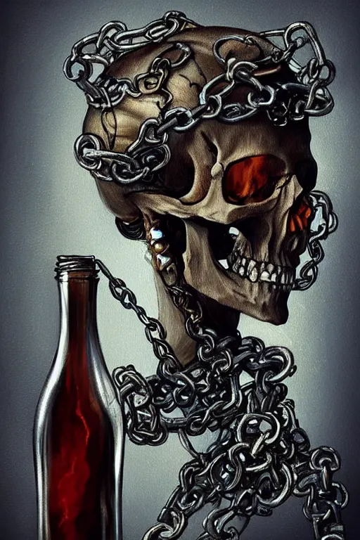Prompt: beutifull and very tired womanlooking pile off empty bottles, skull made out of smoke coming out of bottles,, fantasy, intricate, elegant, highly detailed, digital painting, artstation, concept art, addiction, chains, smooth, sharp focus, illustration, art by Ilja Repin