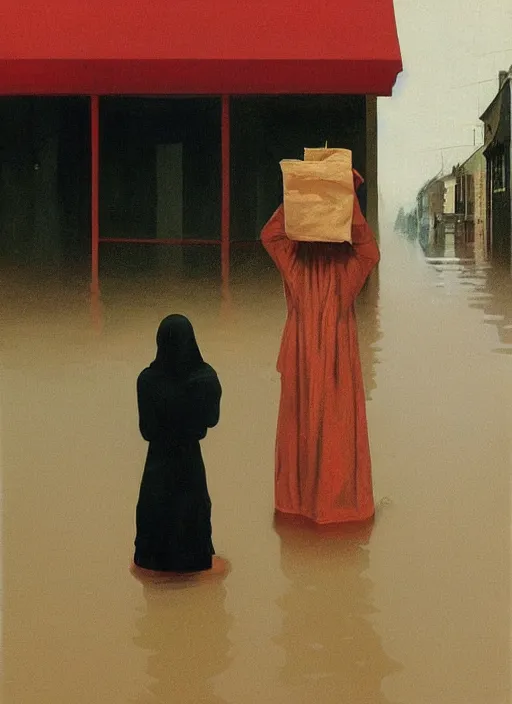 Image similar to woman dressed in transparent plastic bags, paper bags in hands and over the head, on flooded street Edward Hopper and James Gilleard, Zdzislaw Beksinski, highly detailed