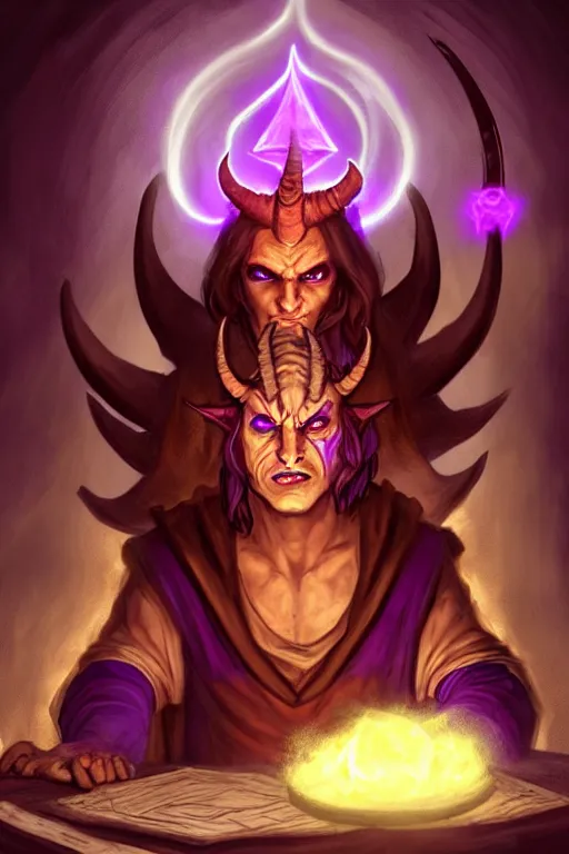 Prompt: tiefling warlock with white horns on his head, purple skin, red glowing eyes, he is casting a destruction spell, a very little devil sits on his right shoulder, the background is a friendly tavern. dungeons and dragons, highly detailed, digital painting, artstation, concept art, sharp focus, illustration, art by Leonardo da Vinci and Michelangelo and Botticelli