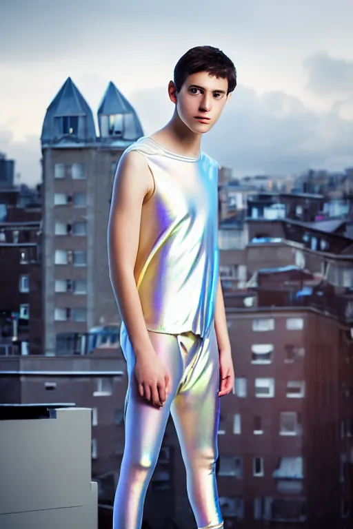 Image similar to un ultra high definition studio quality photographic art portrait of a young man standing on the rooftop of a british apartment building wearing soft baggy padded silver iridescent pearlescent clothing. three point light. extremely detailed. golden ratio, ray tracing, volumetric light, shallow depth of field. set dressed.