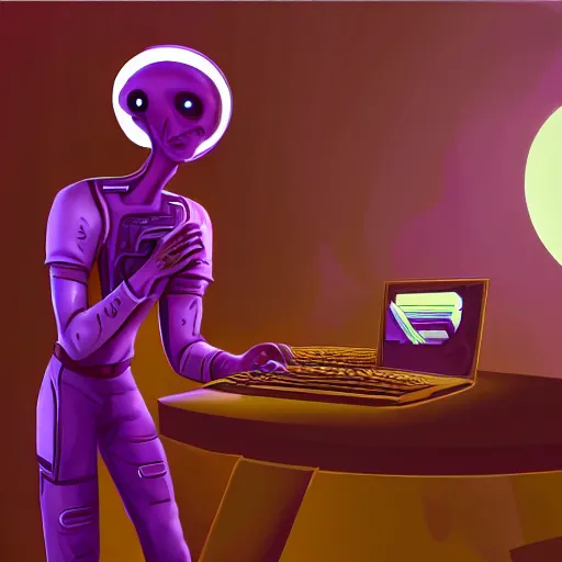 Image similar to friendly alien avatar computer programmer working late at night sunset outside window headphones terminal artstation purple and gold