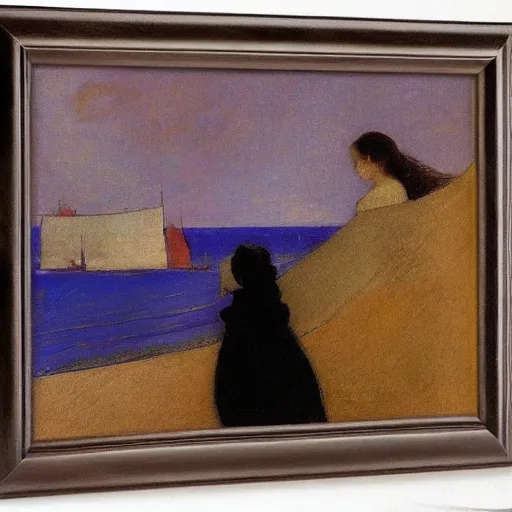 Image similar to a woman and her black and brown chihuahua looking out to sea by odilon redon