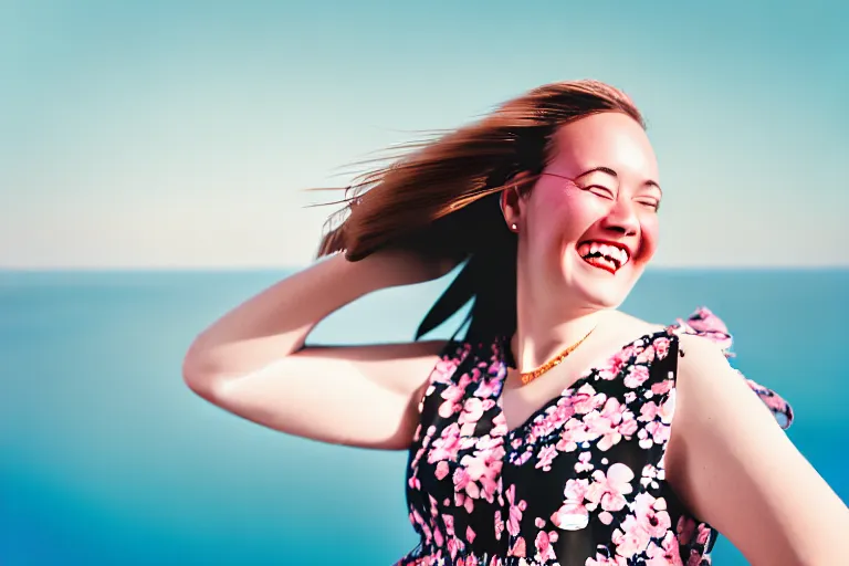 Prompt: cruise photography of a happy woman in a floral dress, hall negative space