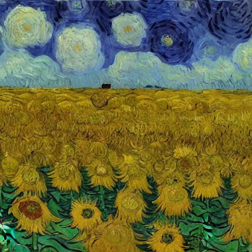 Prompt: An oil painting of Van Gogh is painting in a sunflower field, by Van Gogh