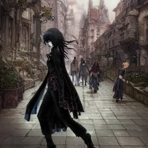 Image similar to goth woman walking on the street, color page, tankoban, 4 k, tone mapping, akihiko yoshida, james jean andrei riabovitchev marc simonetti, yoshitaka amano, long hair, curly, h. hydrochaeri