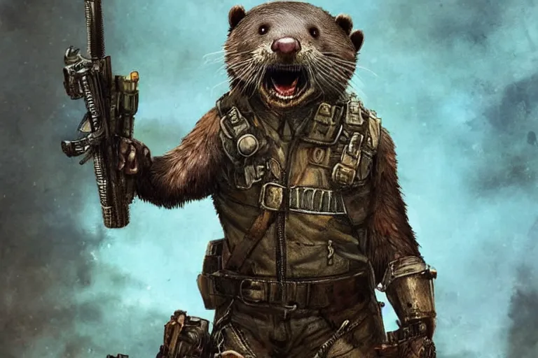 Image similar to a good ol'otter fursona ( from the furry fandom ), heavily armed and armored facing down armageddon in a dark and gritty version from the makers of mad max : fury road. witness me.