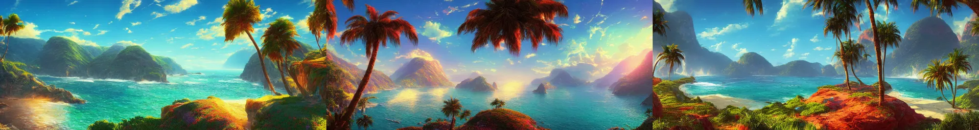 Prompt: A beautiful illustration of a breathtaking nature landscape, vivid colors, hills, ocean, cliffs, palm trees, by Beeple, Makoto Shinkai, Thomas Kinkade, unreal engine, cryengine, Artstation