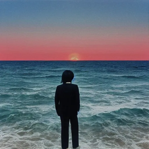Prompt: japanese man with long hair in a suit standing in the ocean facing the camera, wide shot, far away, zoomed out, sunset, album cover, 1980, tatsuro yamashita, ride on time