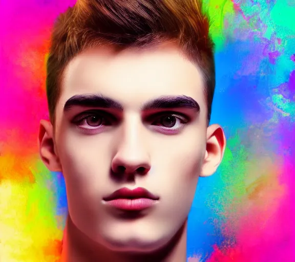 Image similar to extremely beautiful young man with hyperealistic glossy eyes, digital art, colourful background seductive.