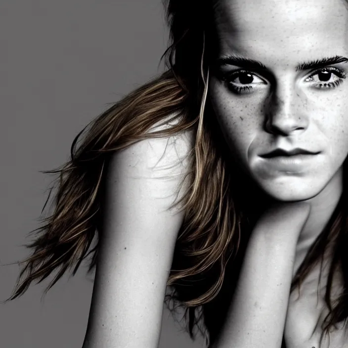 Prompt: emma watson, left shoulder towards the camera 4 0 degrees. portrait by martin schoeller. detailed, 4 k, morning hour.