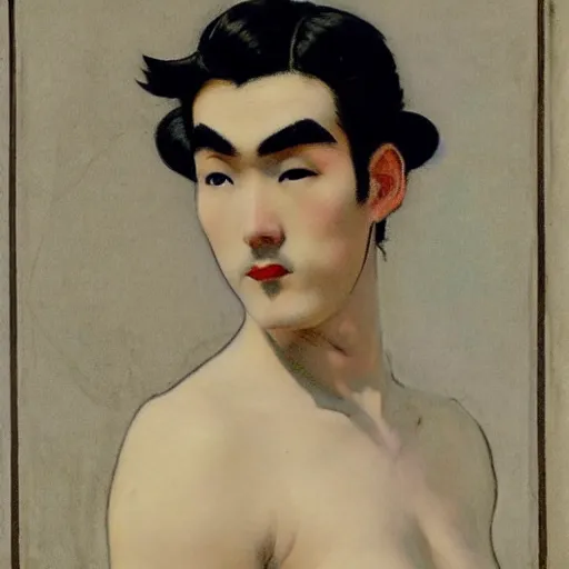 Image similar to full body painting of grumpy handsome thin beautiful man with thick eyebrows in his 2 0 s named min - jun in a french maid outfit, modern clothing, elegant, clear, painting, stylized, delicate facial features, stylized thin lines, soft but grumpy, highly detailed, art, art by egon alphonse yamamoto