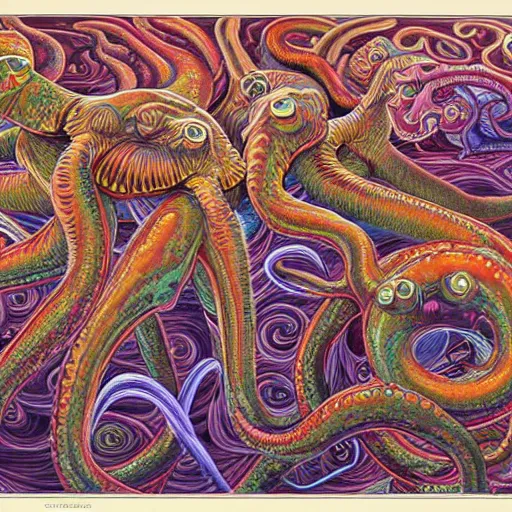 Image similar to strange bestiary of repressed unconscious cephalopod chimeras by Alex grey