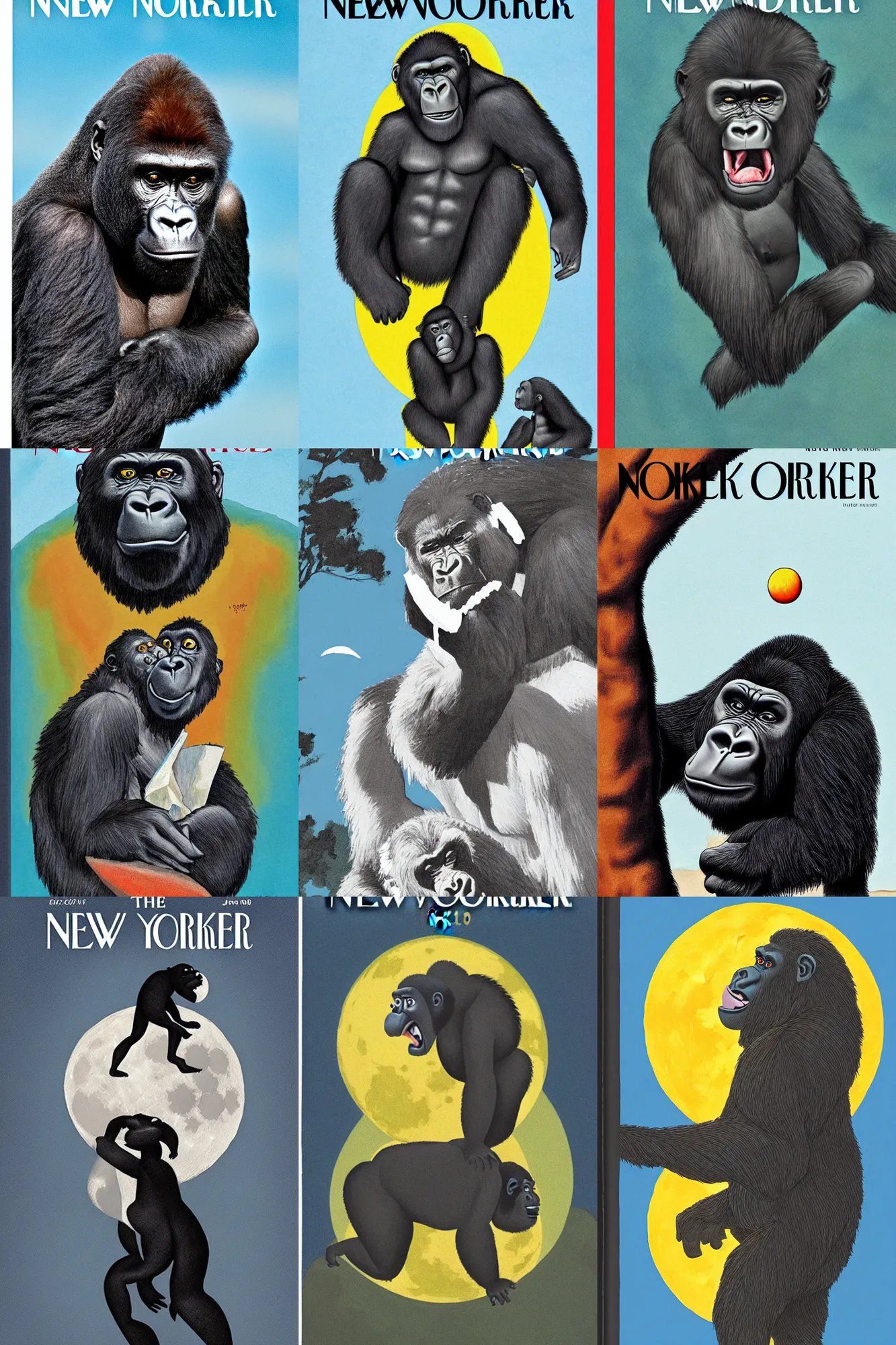 Prompt: gorilla taking a bite of the moon on the cover of the new yorker magazine