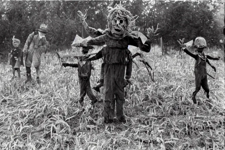 Image similar to disturbing scarecrow from the early 1 9 0 0's leading children into the burning cornfields