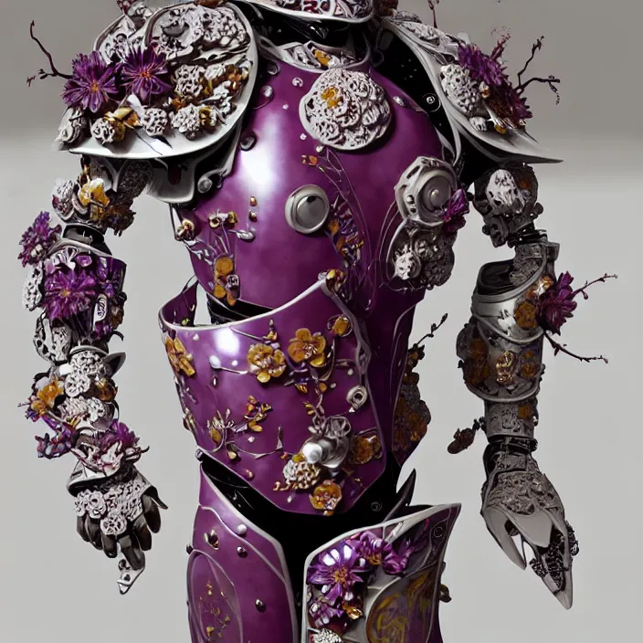 Prompt: ceramic cyborg, Kakiemon design armor with plums and stylized flowers in glaze and gilding, diffuse lighting, fantasy, intricate, elegant, highly detailed, lifelike, photorealistic, digital painting, artstation, illustration, concept art, smooth, sharp focus, art by John Collier and Albert Aublet and Krenz Cushart and Artem Demura and Alphonse Mucha