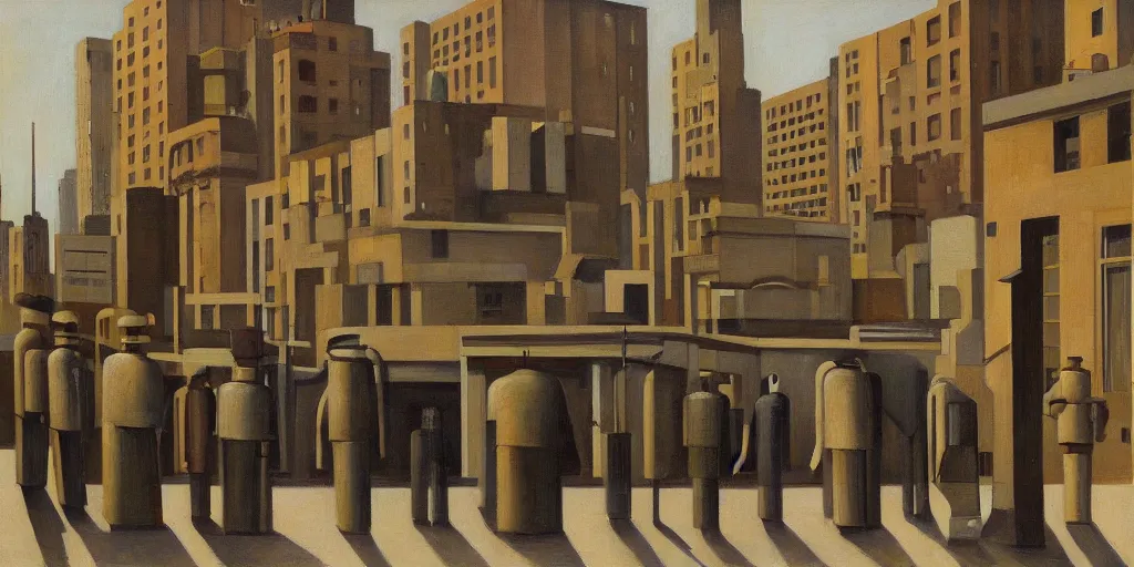 Image similar to robots queue up in a stark brutalist town, street elevation, grant wood, pj crook, edward hopper, oil on canvas