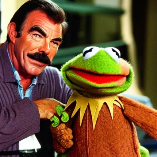 Prompt: Tom Selleck in the muppets with Kermit the frog