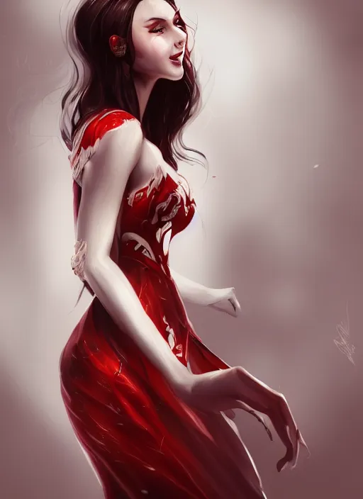 Image similar to a highly detailed illustration of beautiful long black hair white woman wearing a red dress, dramatic smile pose, intricate, elegant, highly detailed, centered, digital painting, artstation, concept art, smooth, sharp focus, league of legends concept art, WLOP