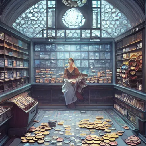 Image similar to modern coin shop with a lot of coins, 4 k, octane, digital painting, artstation, concept art, sharp focus, illustration, art by artgerm and greg rutkowski and alphonse mucha