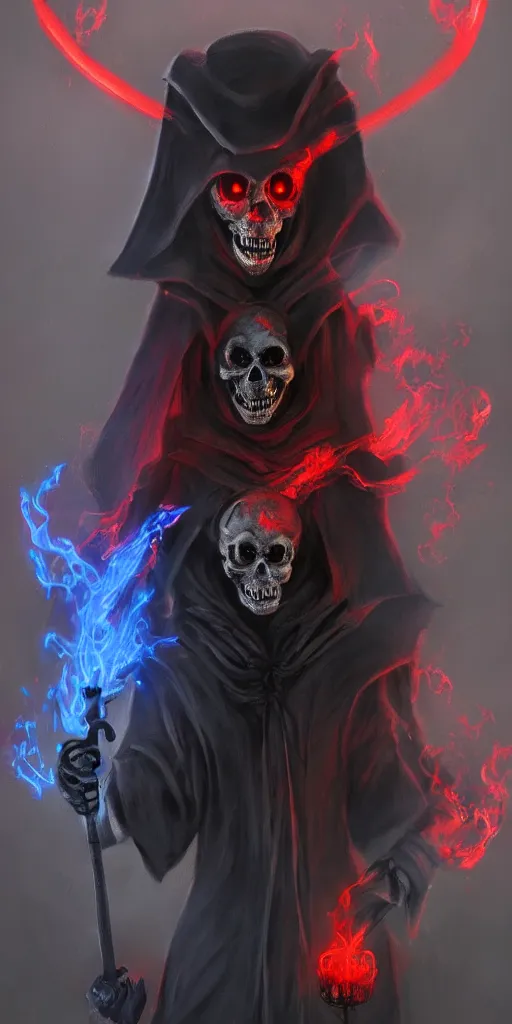 Image similar to a ghostly anthropomorphic rat with skull face and glowing red eyes wearing black tattered robes and holding two blue flames, grim reaper except a rat, photorealistic, artstation