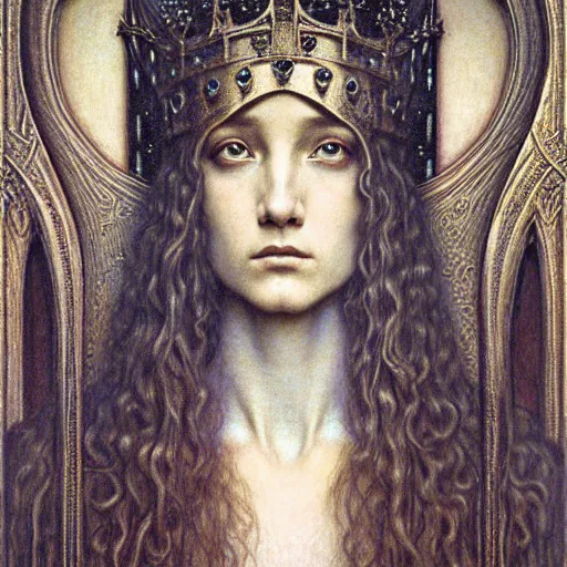 Image similar to detailed realistic beautiful young medieval queen face portrait by jean delville, gustave dore, zdzisław beksinski and marco mazzoni, art nouveau, symbolist, visionary, gothic, pre - raphaelite, memento mori, horizontal symmetry