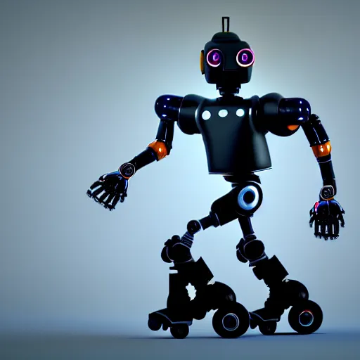 Prompt: cel shaded 3 d render of a robot on roller skates, unreal engine, octane render, thick and bold black outlines, gorgeous, advanced lighting technology, stylized and expressive, perfect anatomy