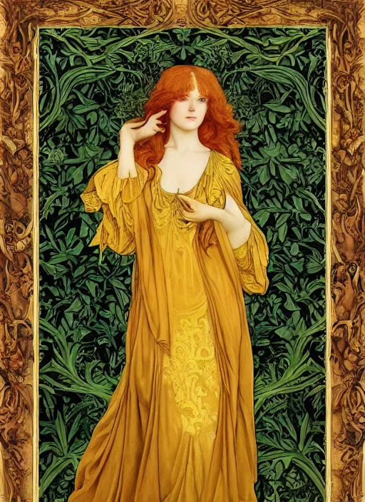 Prompt: masterpiece beautiful seductive flowing curves pose preraphaelite portrait photography, extreme closeup shot, straight bangs, thick set features, yellow ochre ornate medieval dress, amongst foliage mushroom forest arch, william morris and kilian eng and mucha, framed, 4 k