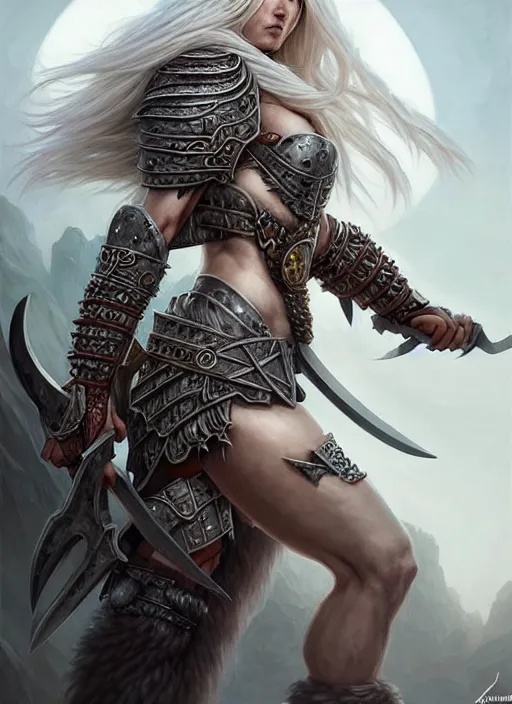 Image similar to barbarian, plated armor!!! long wild white hair!! fantasy, d & d, intricate ornate details, digital painting, beautiful eyes!, pretty face!!, symmetry, concept art, sharp focus, illustration, art by artgerm! greg rutkowski magali villeneuve wlop! ilya kuvshinov!!, octane render