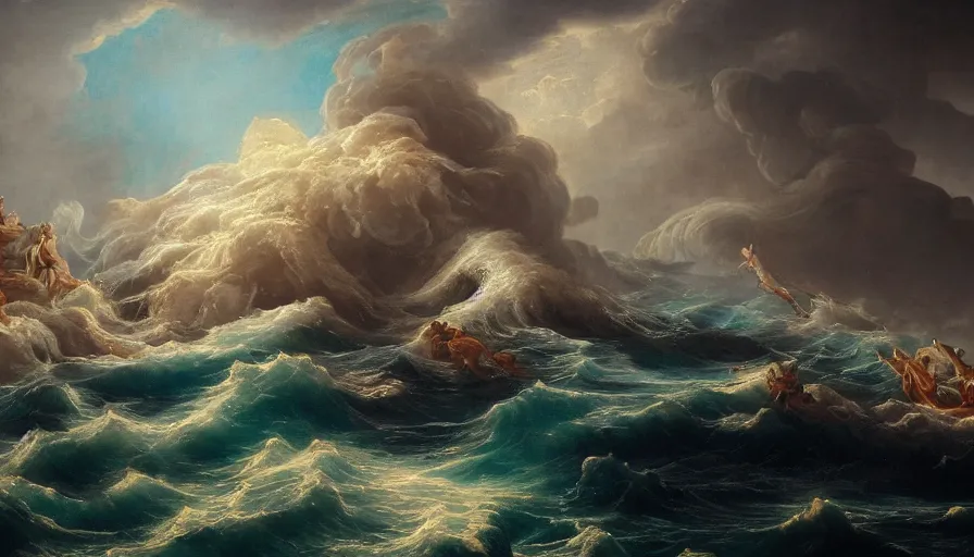 Prompt: Baroque painting of a tsunami hitting Athens, hyperdetailed, artstation, cgsociety, 8k