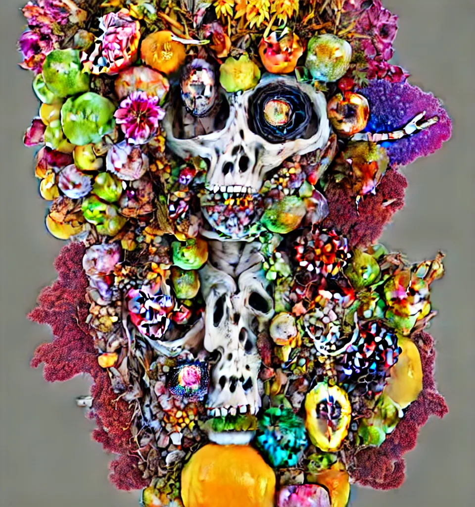 Prompt: portrait of a trickster nature spirit, undead, head made of fruits and jewels and flowers in the style of guiseppe arcimboldo, philip taaffe, david altmejd, pop art, action figure, clay sculpture, claymation, gray and yellow and pink, rainbow stripe background