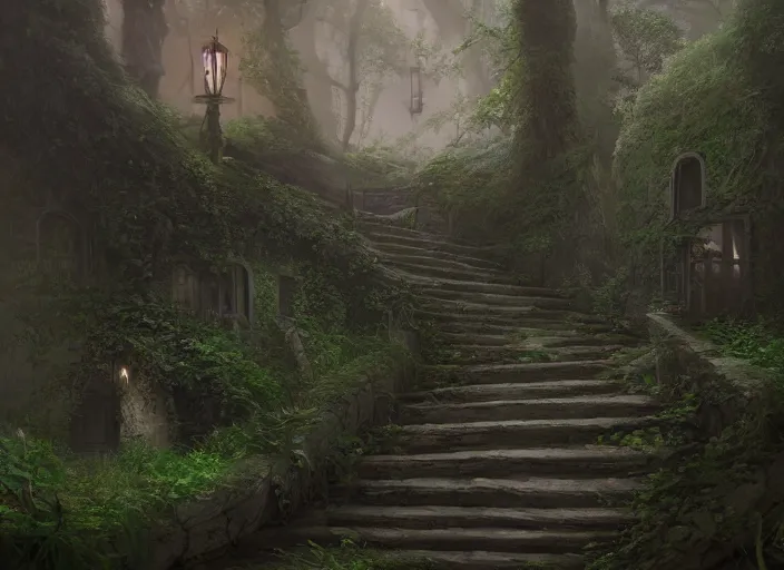 Prompt: secret garden, pathway, stairs, spooky, dark, in the style of pan's labyrinth movie, concept art, unreal engine 5, matte painting, artstation, caspar friedrich, wlop