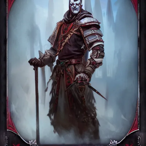 Image similar to an oil art portrait of young handsome pale roma, grim dark jester from gwent cards, gipsy blood mage with great sword character design from inquisition, 4 k, ultra detail, volumetric lighting, unreal engine, octane render, [ tarot card ]!
