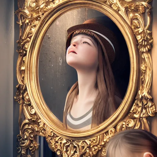 Image similar to an old hat is brushing her hair in front of an ornate mirror, the reflection is of a beautiful young girl, hyper detailed, 4 k octane render