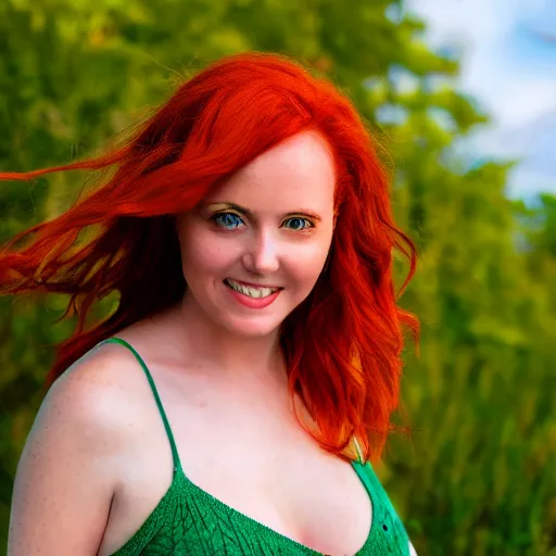 Prompt: portrait of a beautiful woman with red hair, green eyes, wearing a sundress, smiling at the camera, 4 k, sunrise lighting