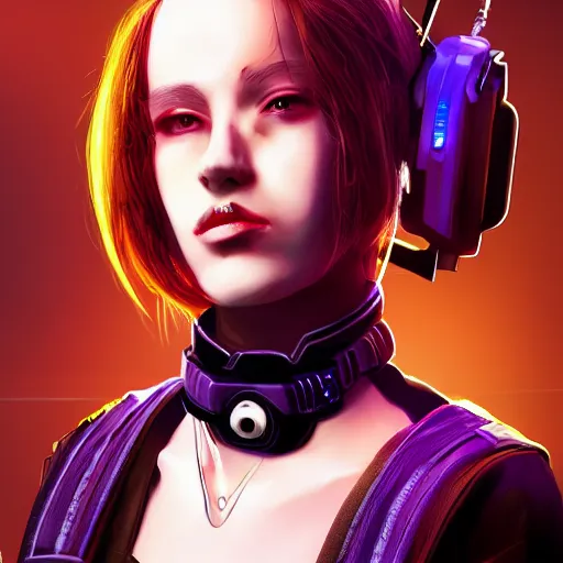 Image similar to female character cyberpunk wearing technological collar around neck, realistic, art, beautiful, 4K, collar, choker, collar around neck, punk, artstation, detailed,